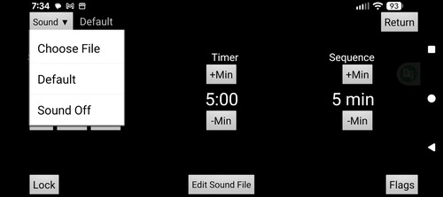 RC Timer Sound menu showing Choose File, Default, and Sound Off