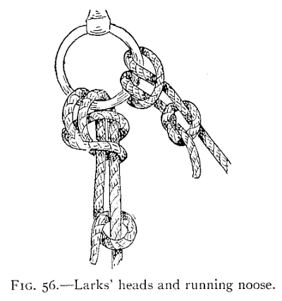 Illustration: FIG. 56.—Larks' heads and running noose.