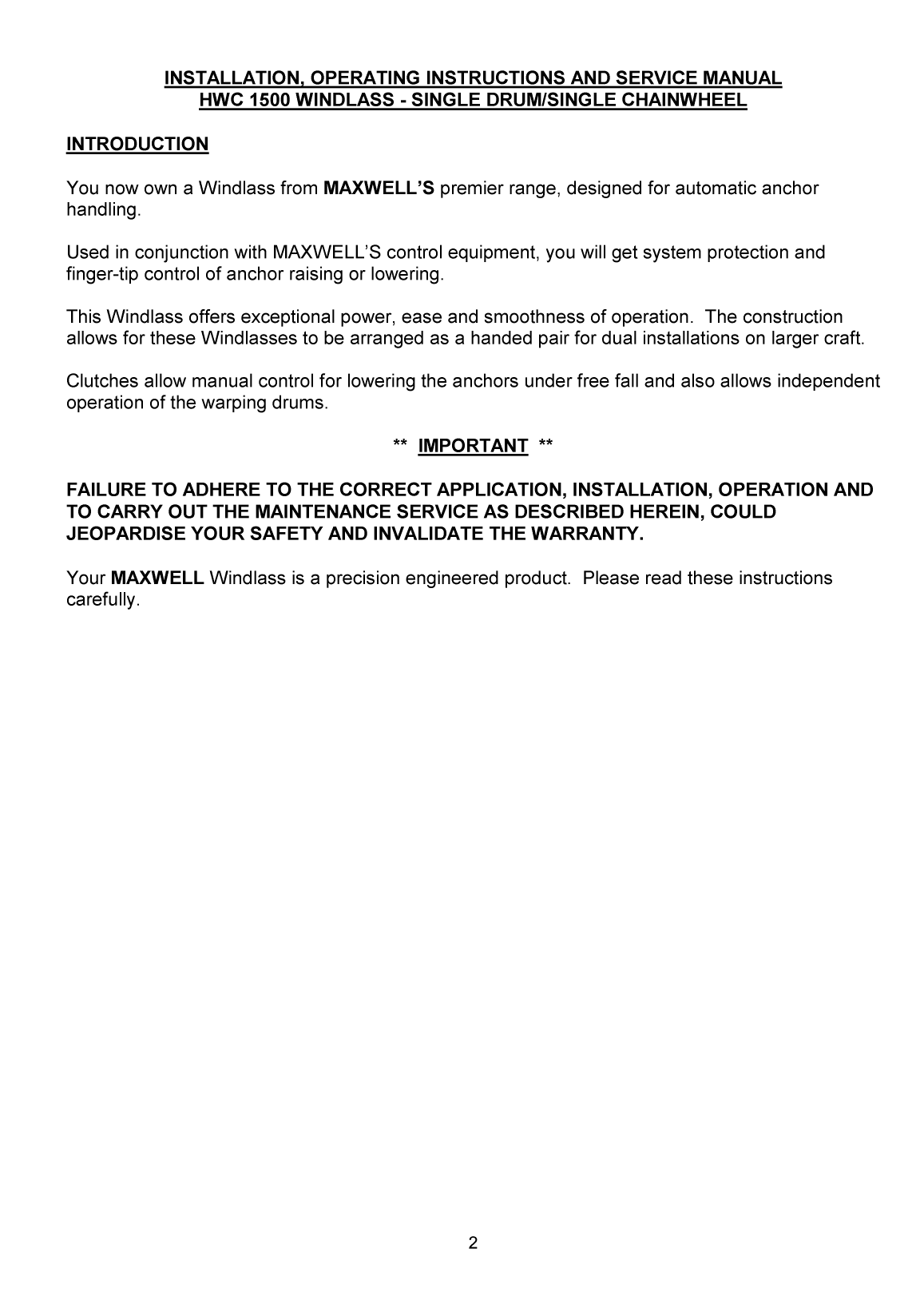 Maxwell Marine 1500 Hwc Windlass Manual