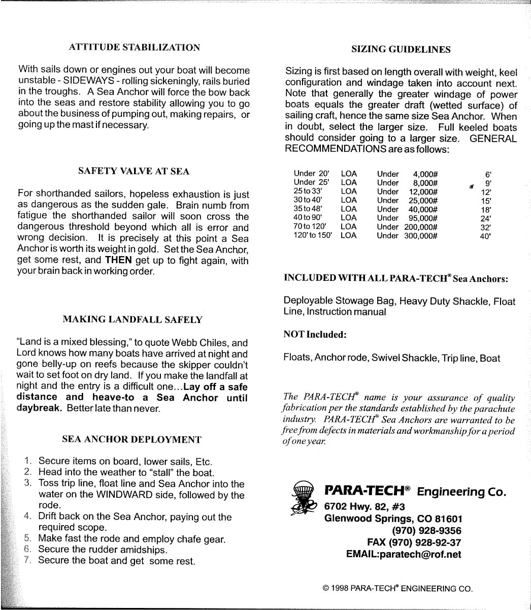 Para Tech Sea Anchor Parachute Brochure