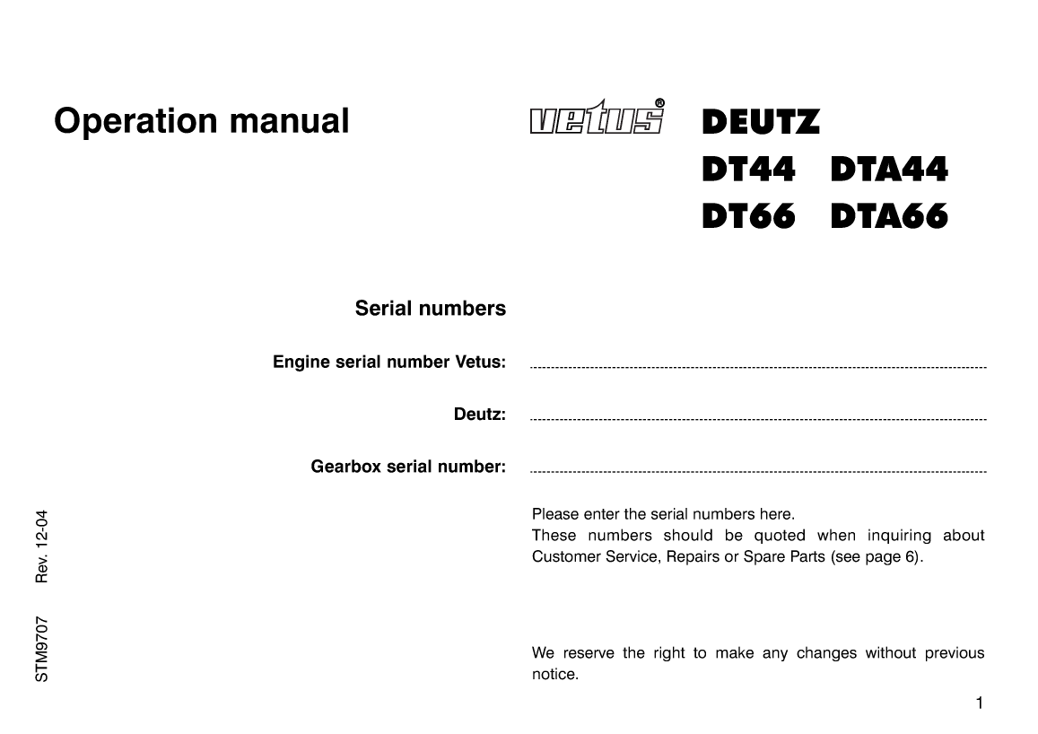 Vetus Dt44 Dta44 Dt66 Dta66 Operators Manual