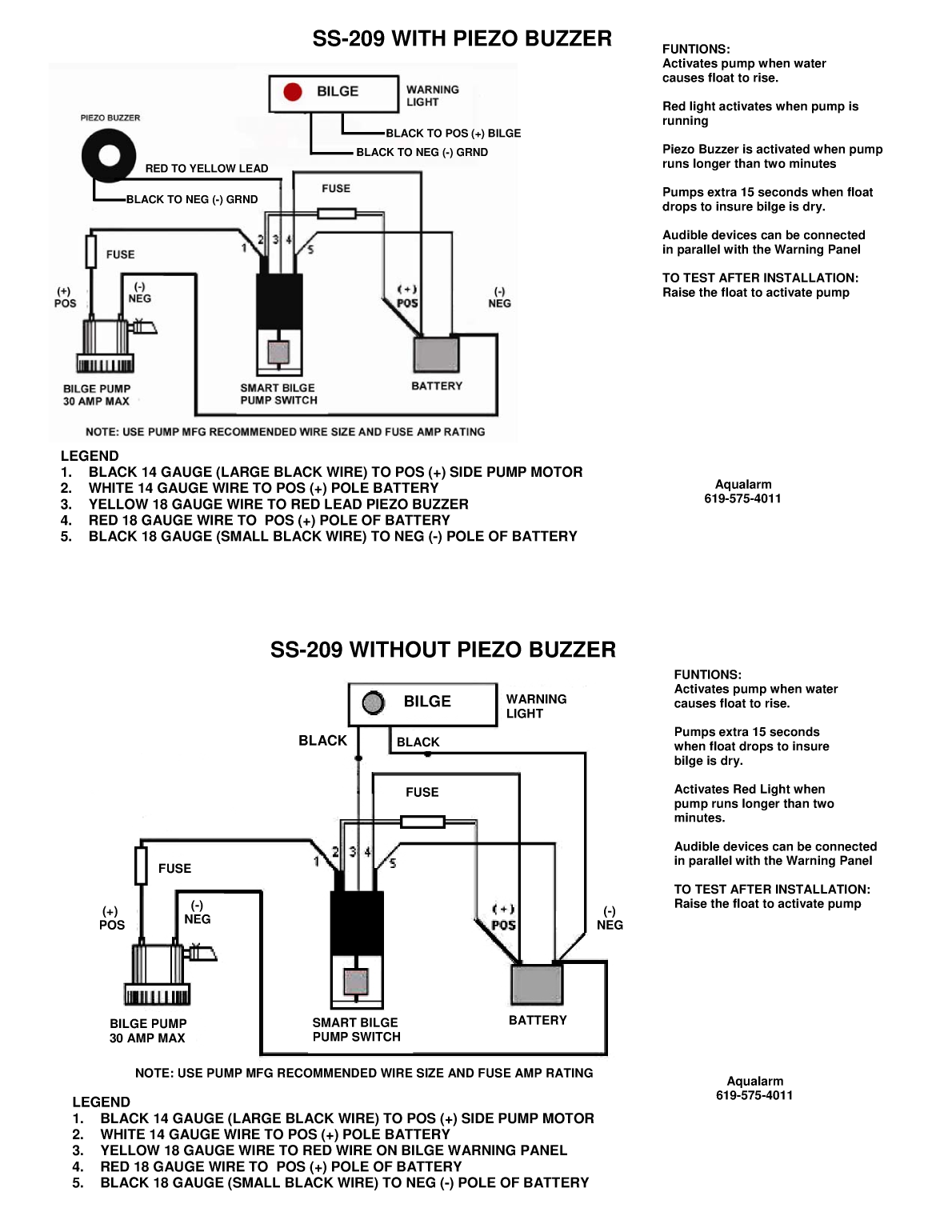 Aqualarm bilge switch 20038 Instructions