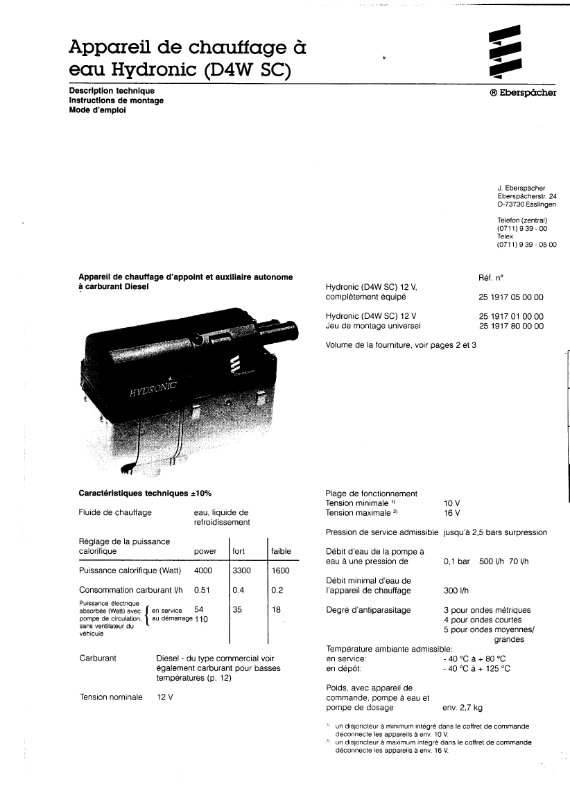 Eberspacher: D4w hr 1pp D4w Heating Unit (water)
