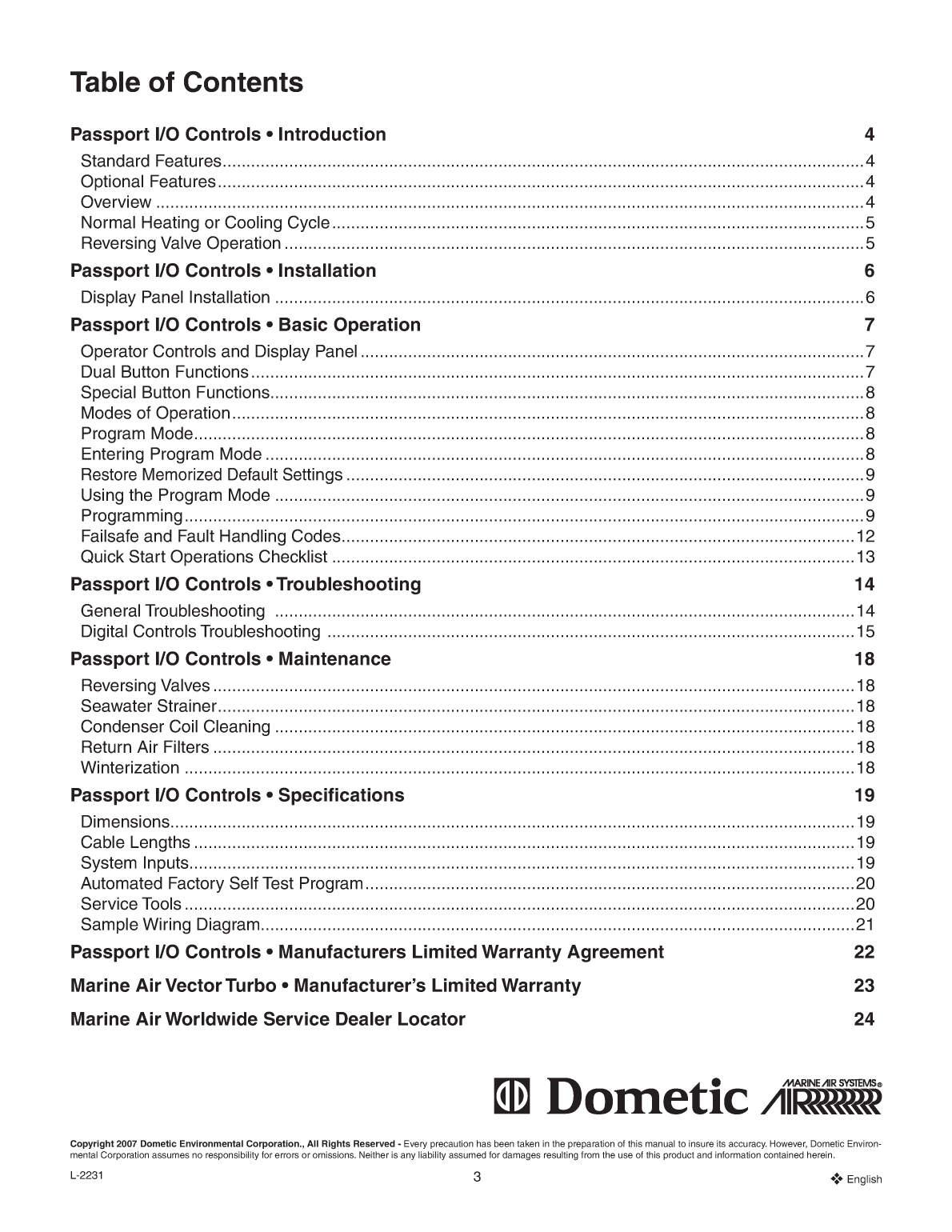 Dometic 2231 Marine Air Passport Control Operation Manual 21429