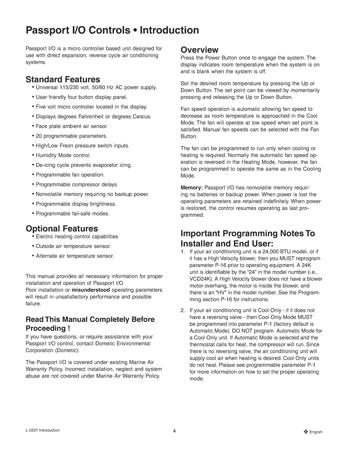 Dometic 2231 Marine Air Passport Control Operation Manual 21429