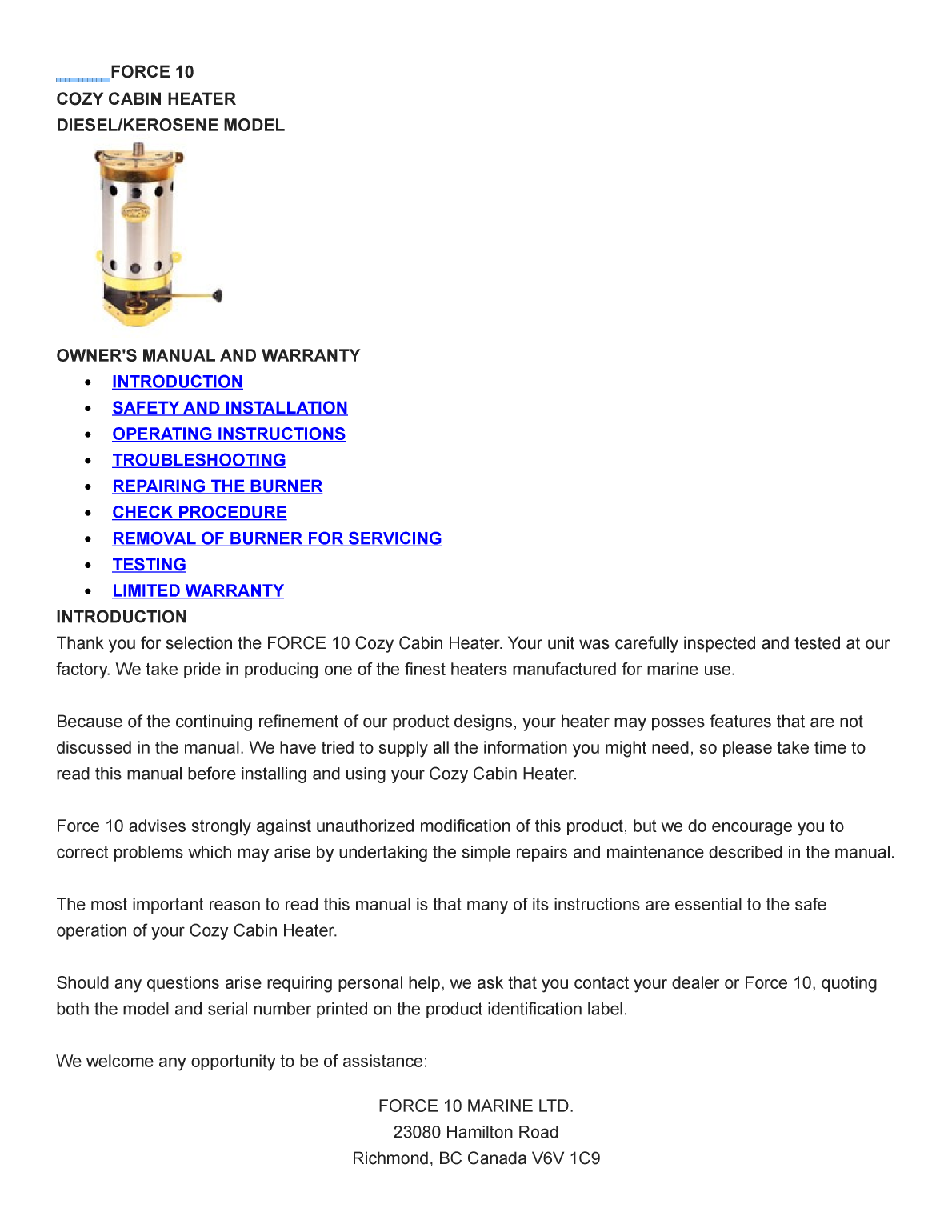 Force 10 Heater Instruction Manual