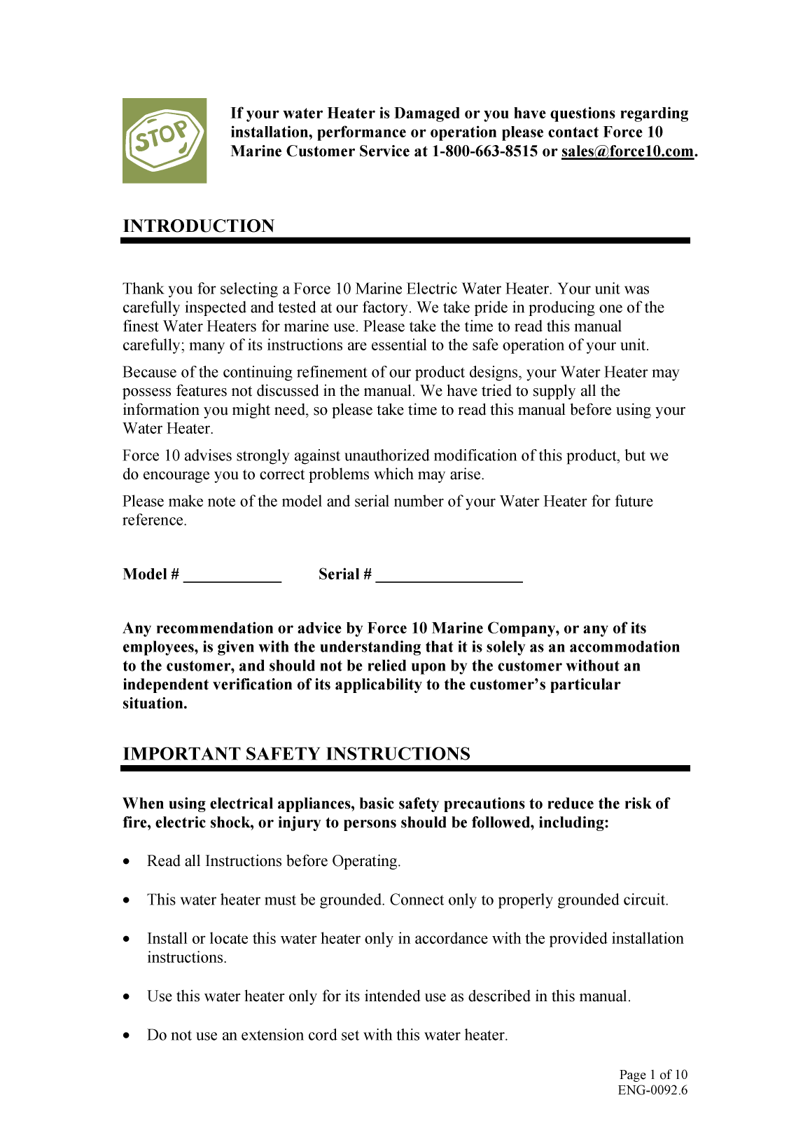 Force 10 Water Heater Manual