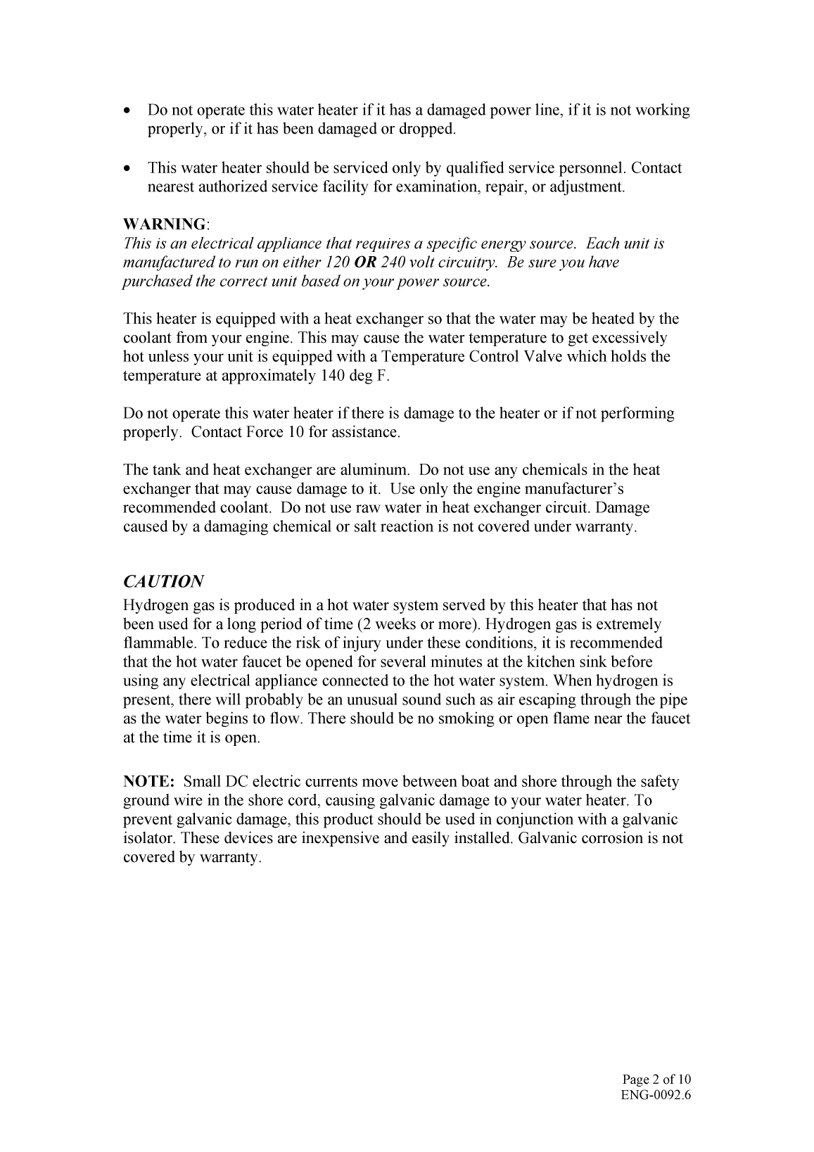 Force 10 Water Heater Manual