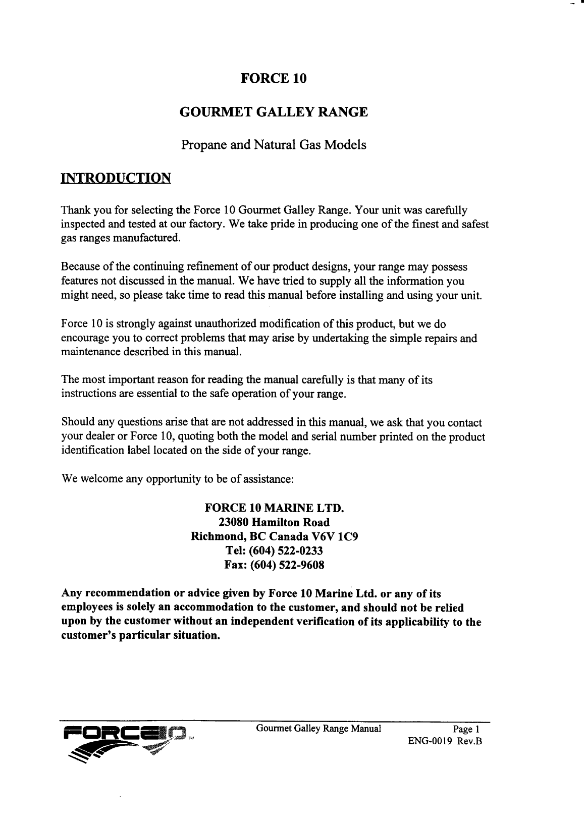 Force10: Gourmet manual Gourmet Force 10 Gas Galley Owner