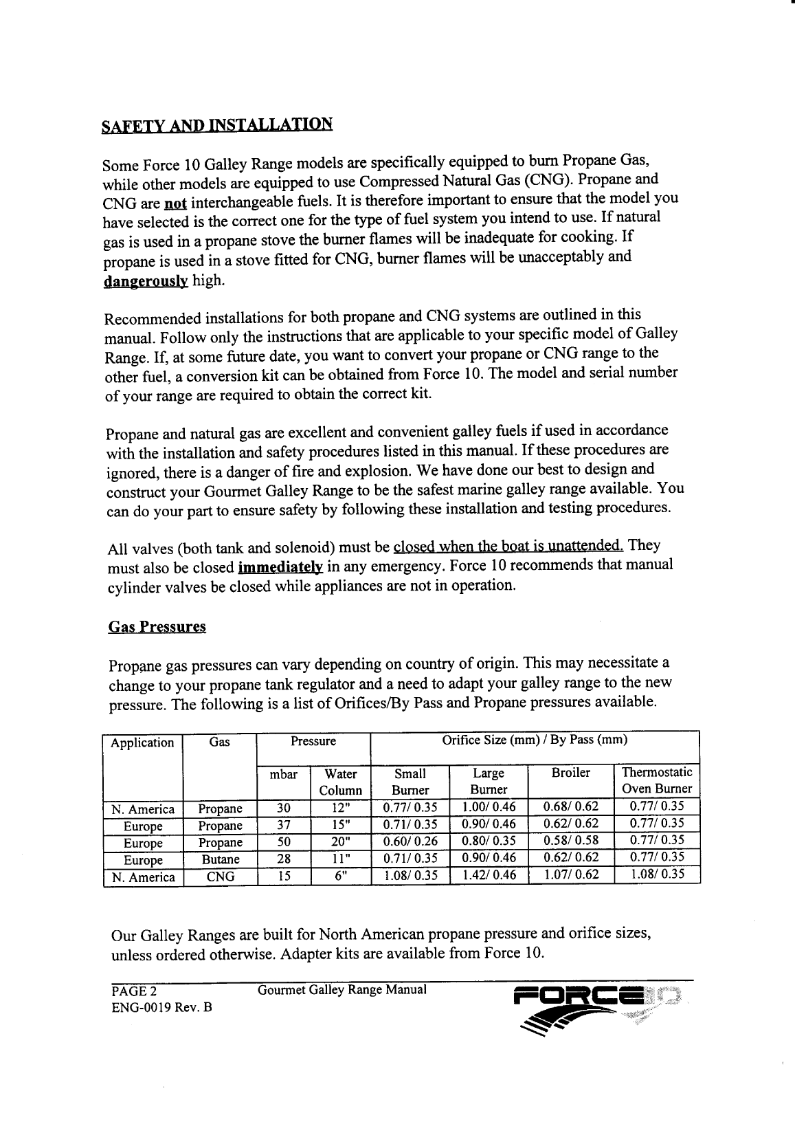 ' Force10: Gourmet manual Gourmet Force 10 Gas Galley Owner's Manual'
