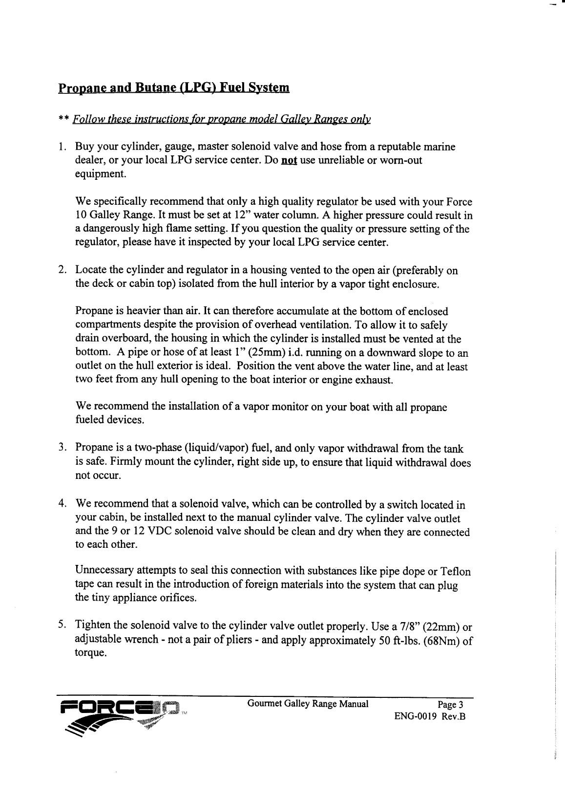 ' Force10: Gourmet manual Gourmet Force 10 Gas Galley Owner's Manual'