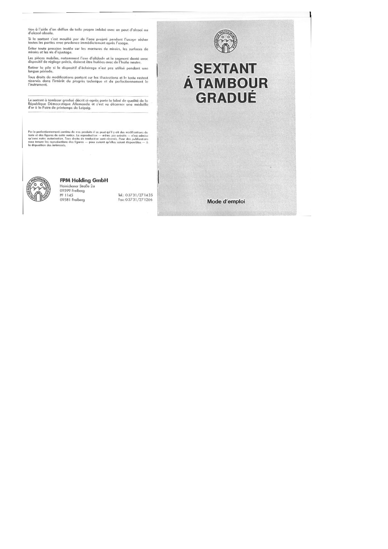 ' Freiberger: Manuel Freiberger Sextant Owner's Manual'