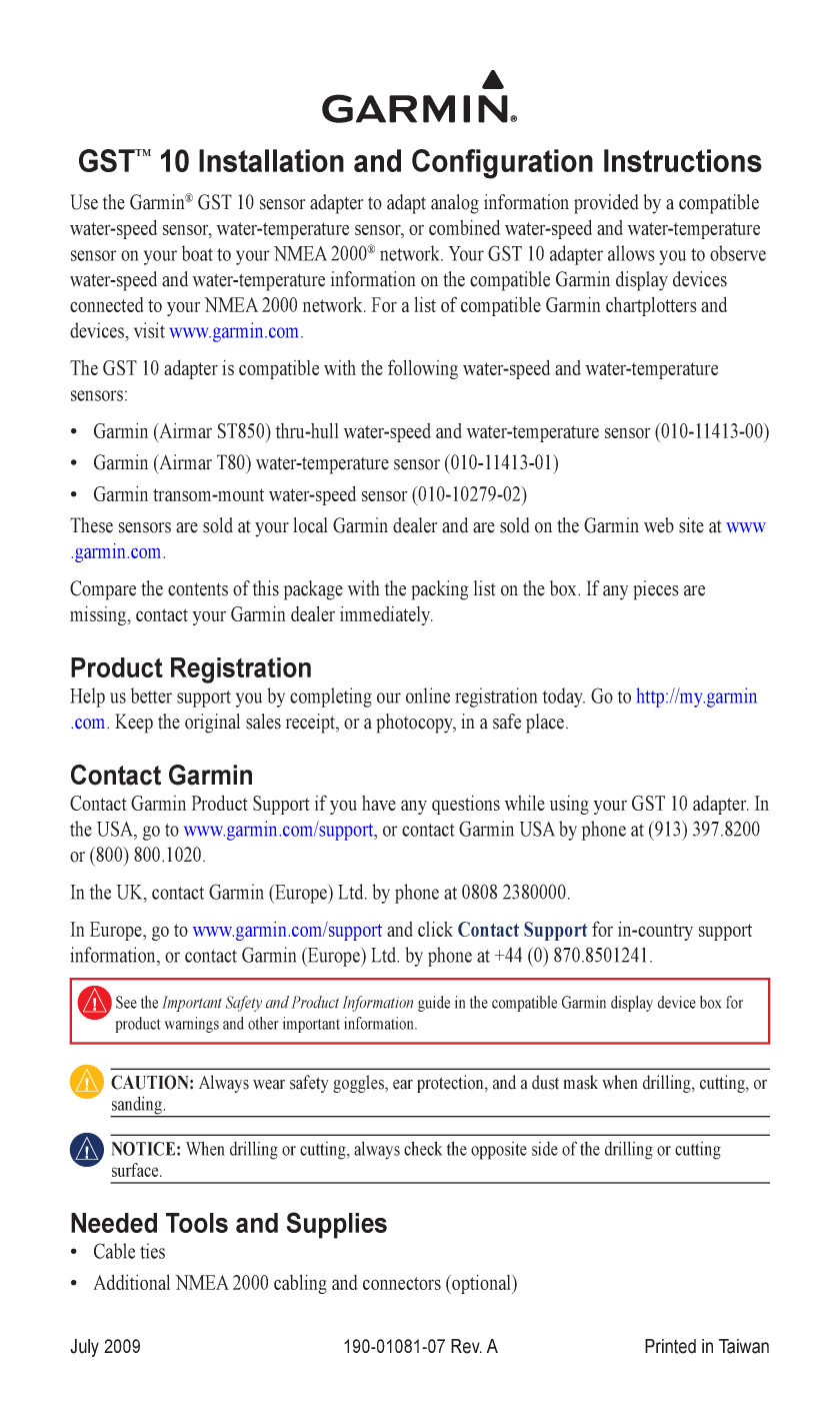 Garmin gst10 Water Speedand Temperature Adapter Installationand Configuration Insturctions