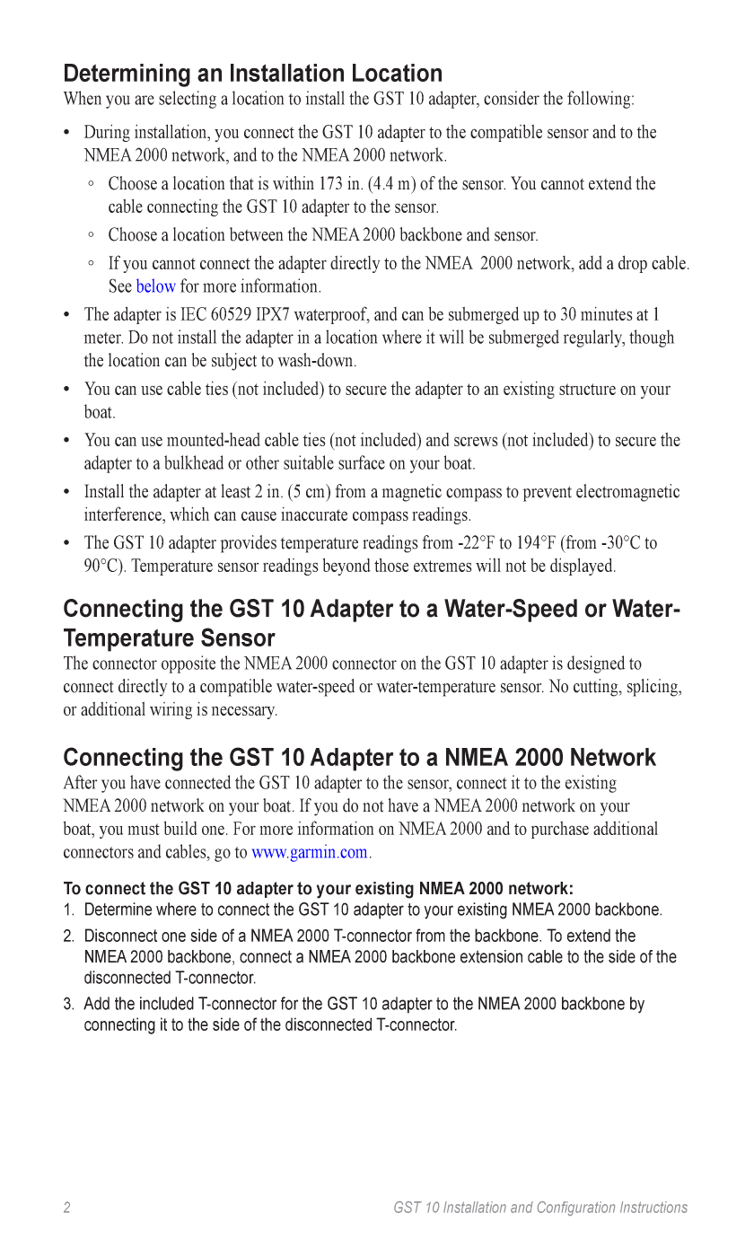 Garmin gst10 Water Speedand Temperature Adapter Installationand Configuration Insturctions