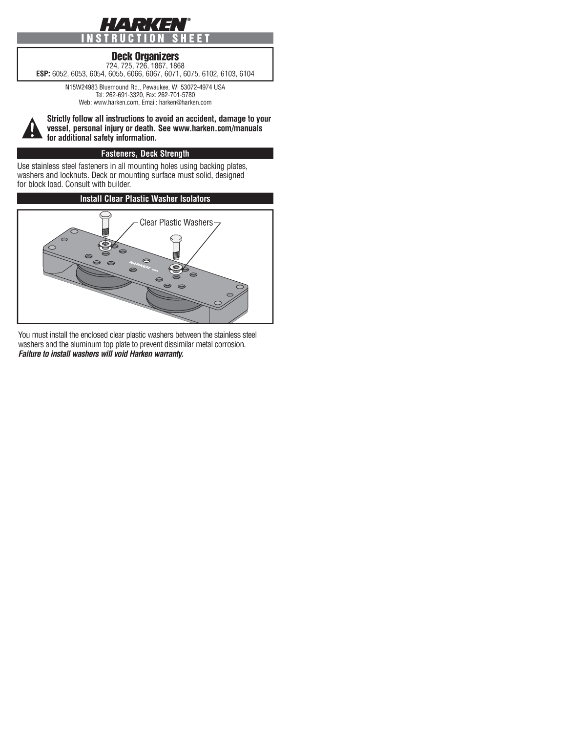 Harken 6066 Deck Organizer Instruction Sheet