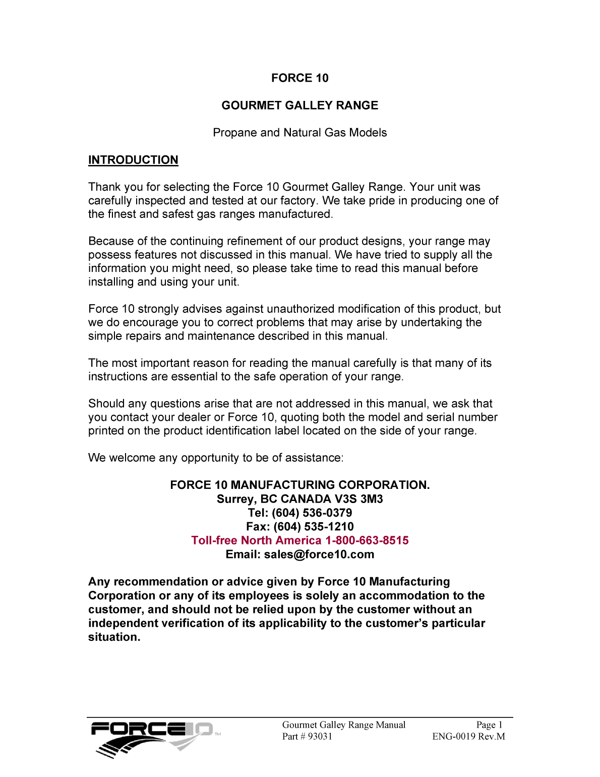 Force10 Gourmet Galley Range Manual