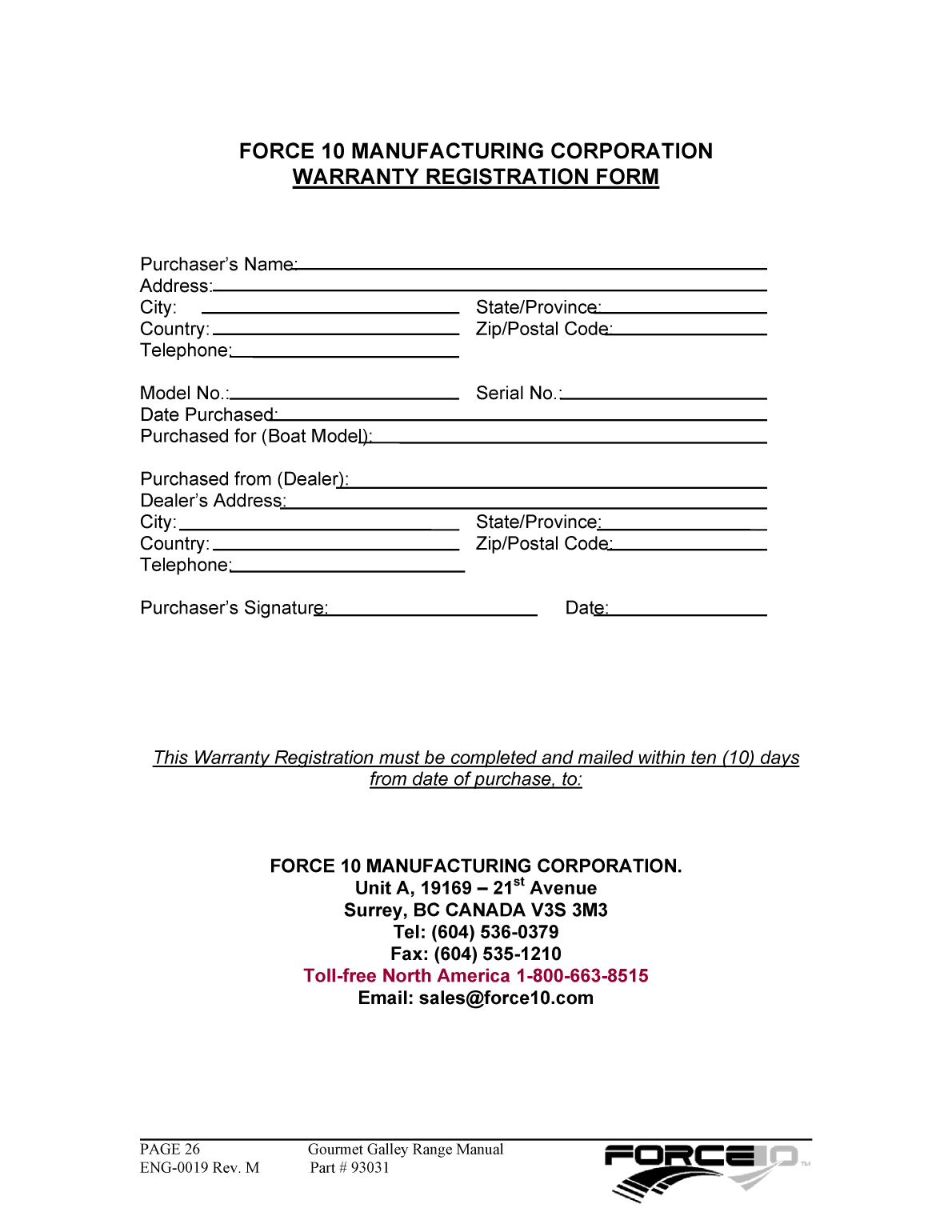 Force10 Gourmet Galley Range Manual