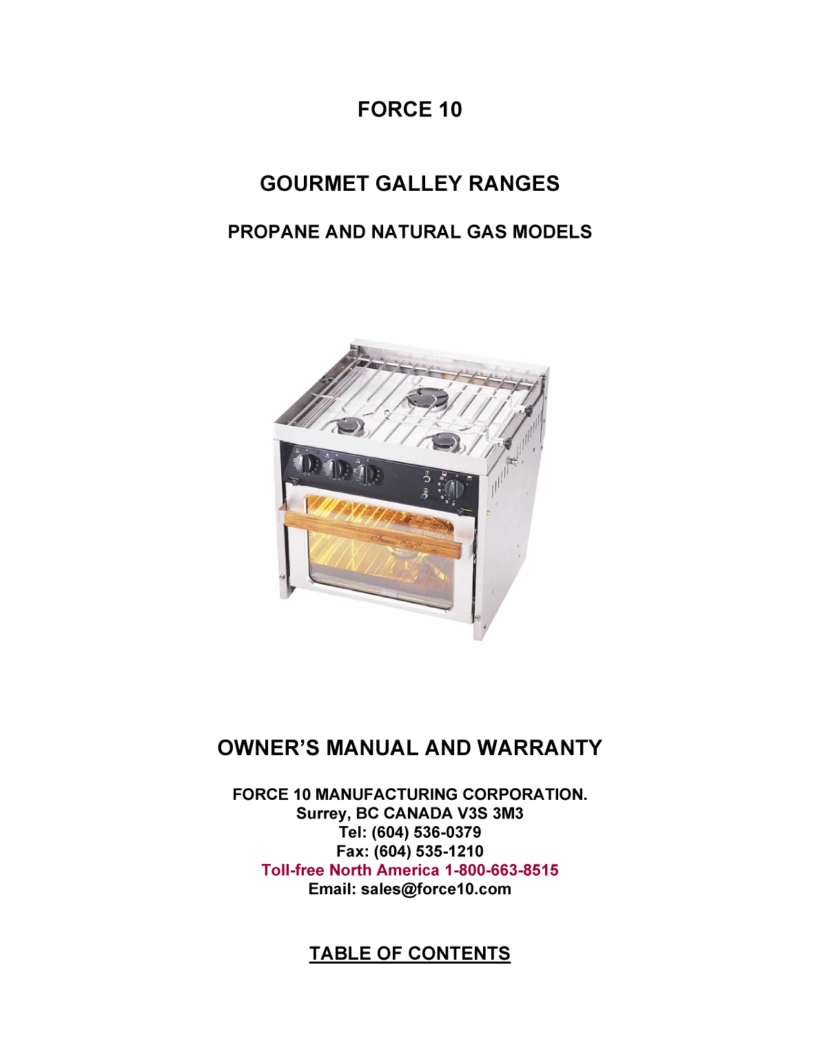 Force10 Gourmet Galley Range Manual