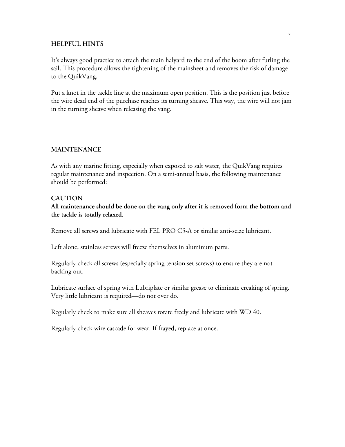 Hall Quik Vang B12 Manual