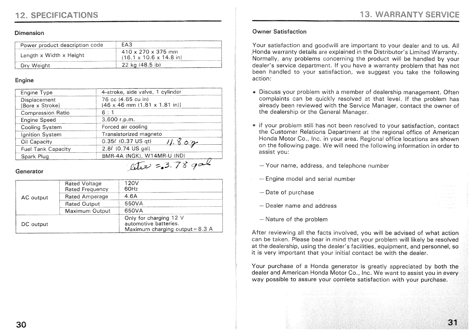 Honda Em650 Generator Owners Manual