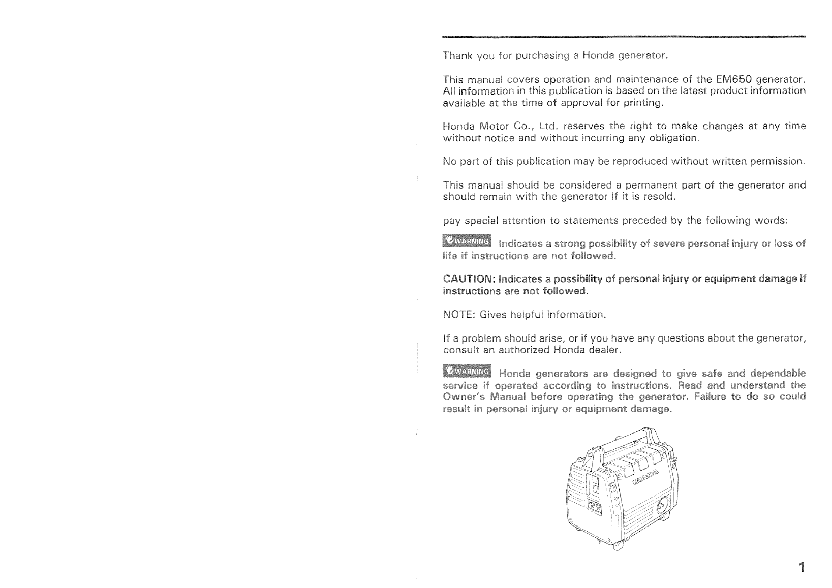 Honda Em650 Generator Owners Manual