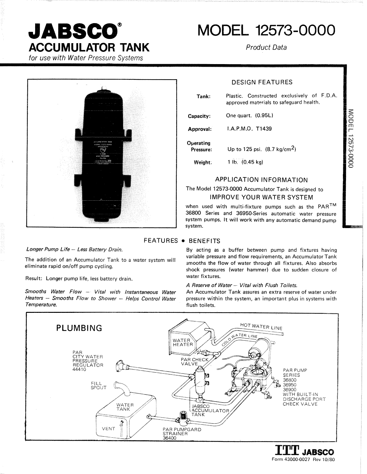 ' Jabsco Accumulator Tank Model 12573'