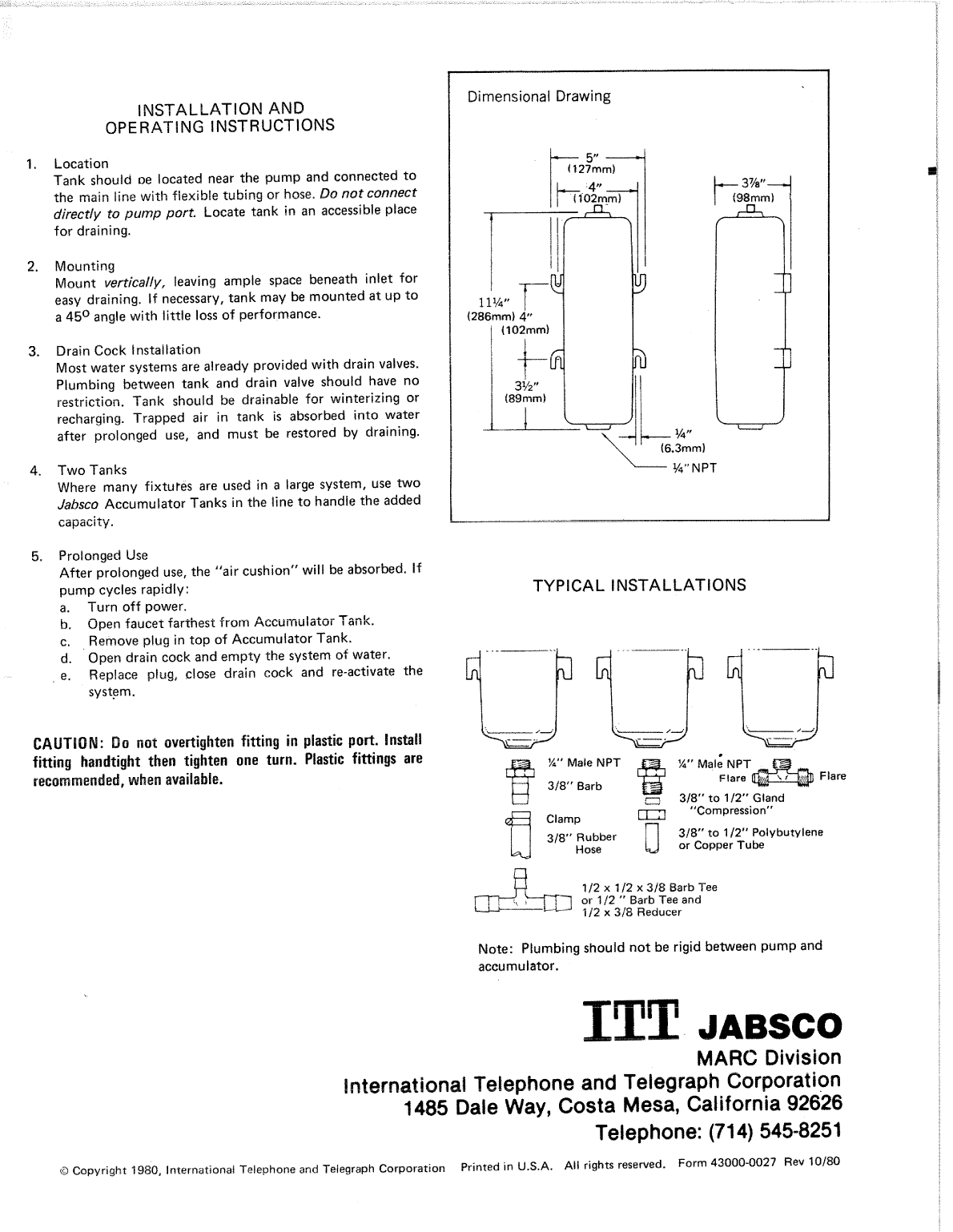 Jabsco Accumulator Tank Model 12573