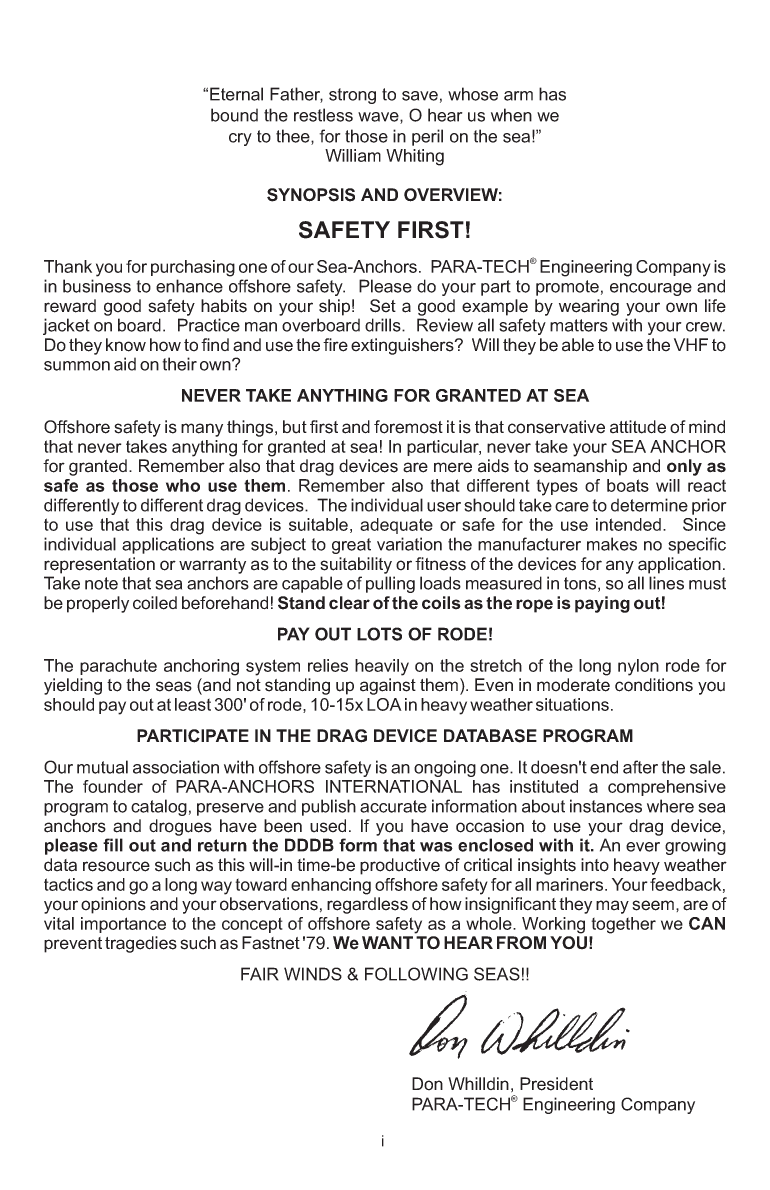 ' Para Tech Sea Anchor Instructions'