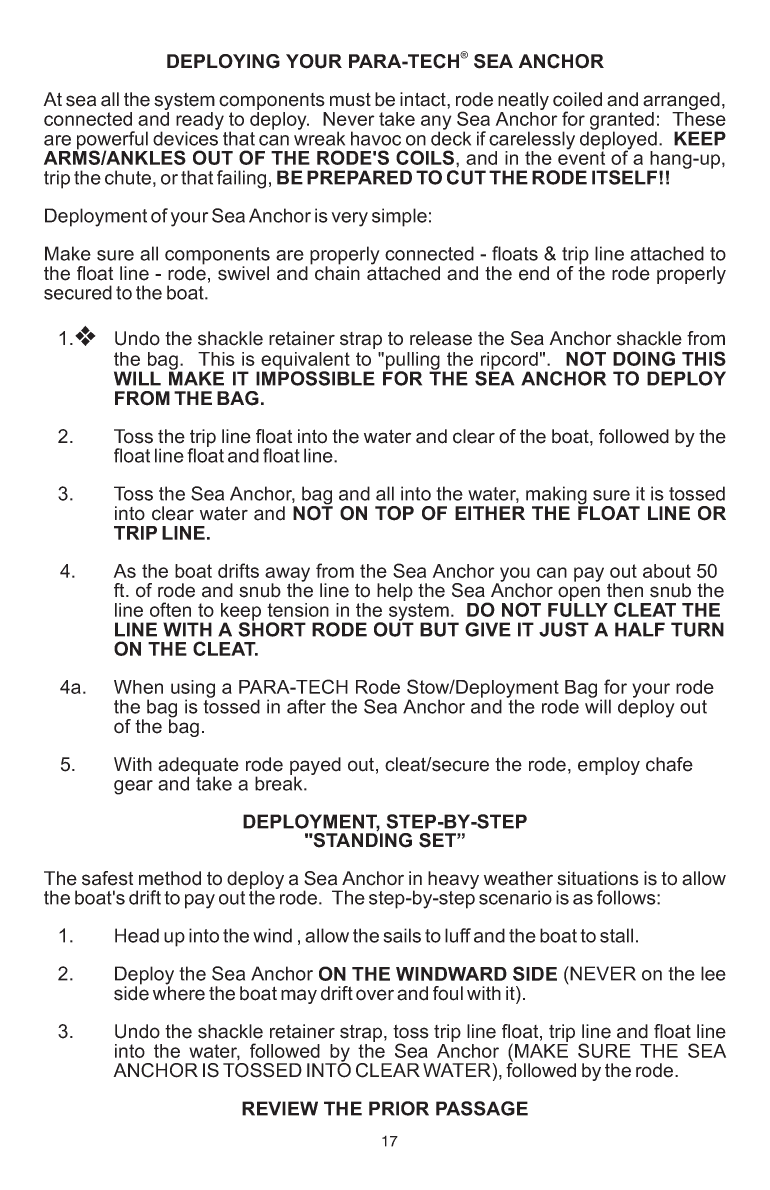 ' Para Tech Sea Anchor Instructions'
