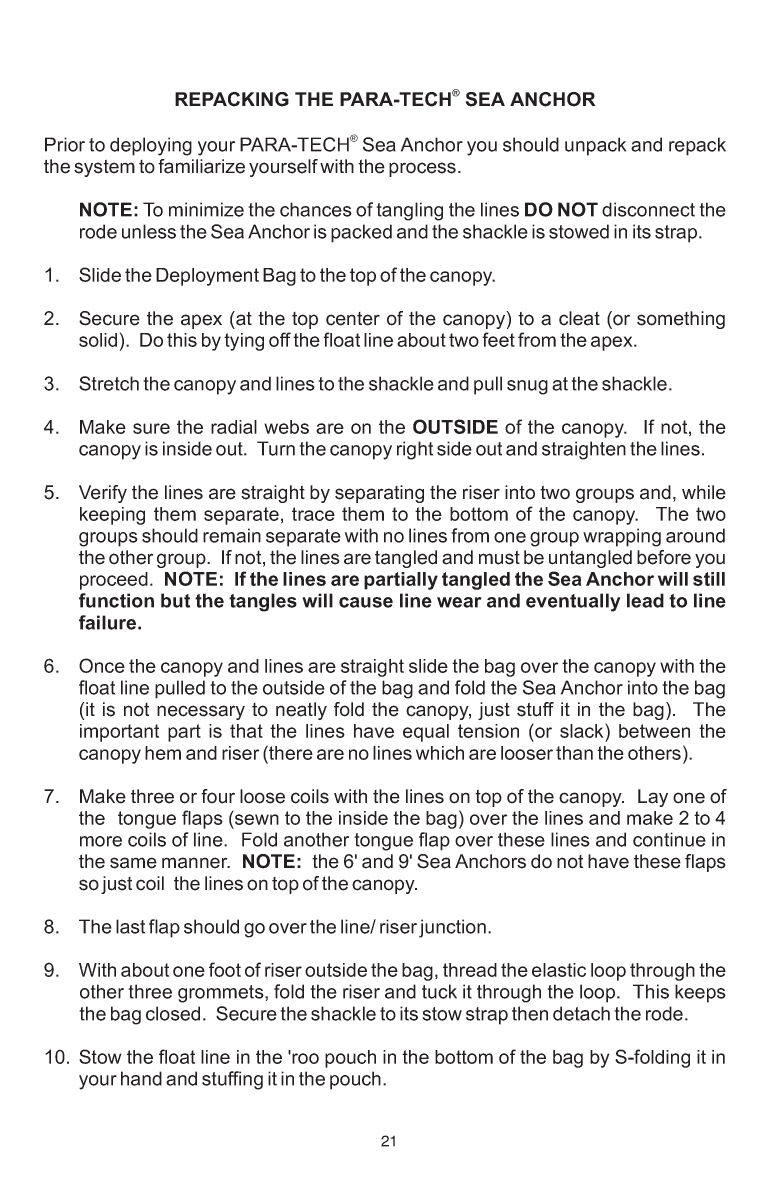 ' Para Tech Sea Anchor Instructions'