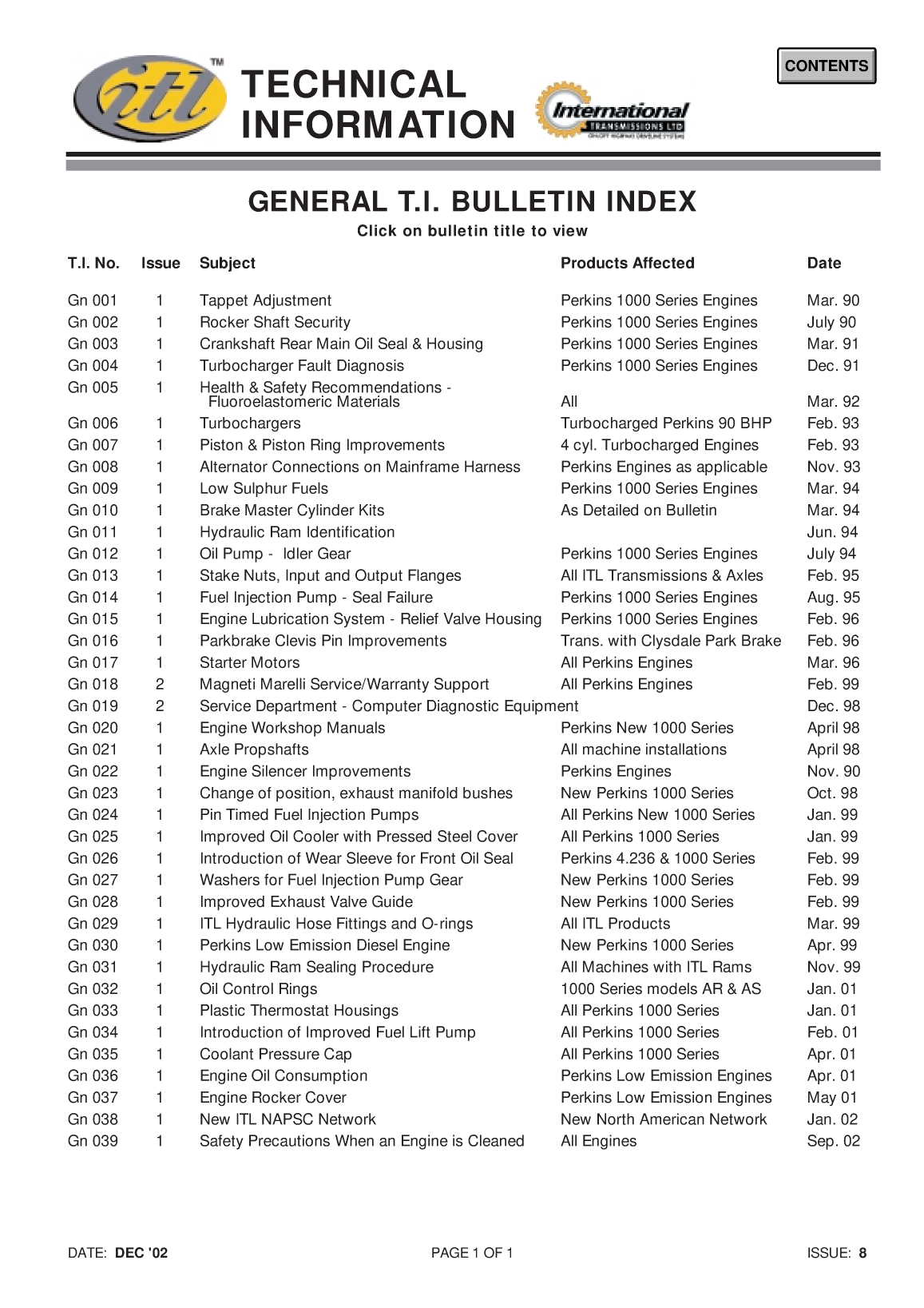 Perkins General Technical Information Bulletin