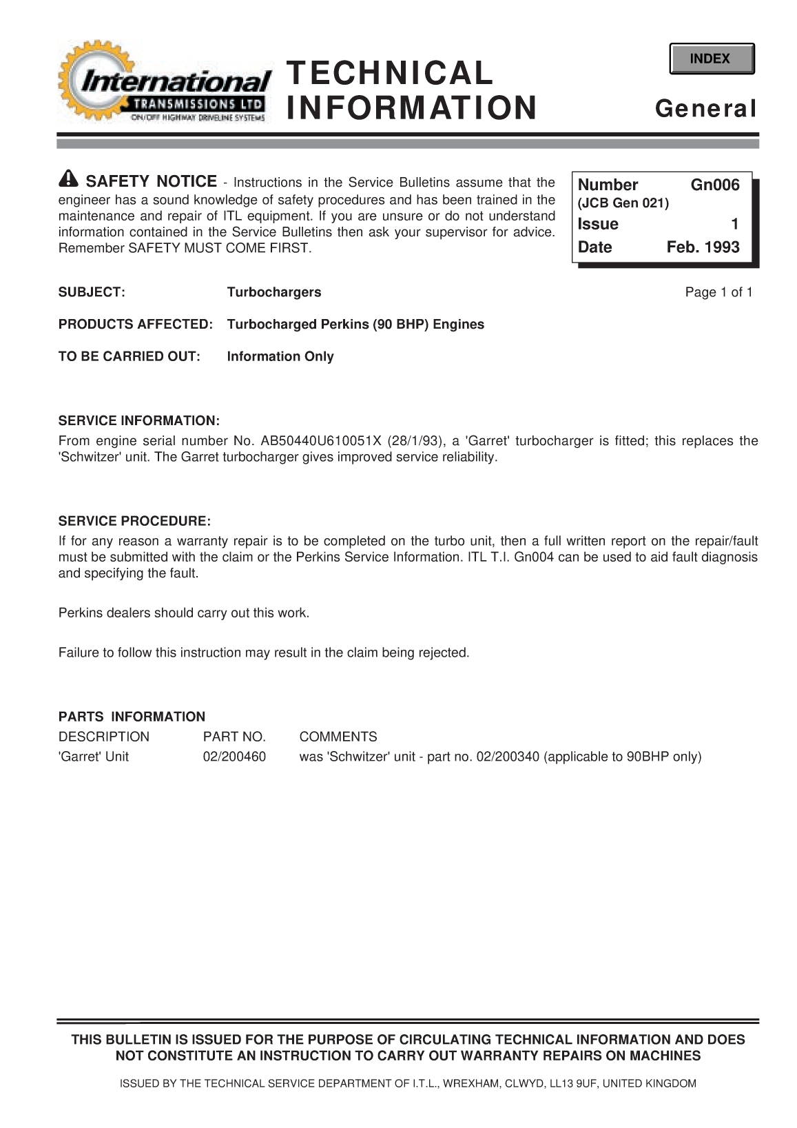 Perkins General Technical Information Bulletin