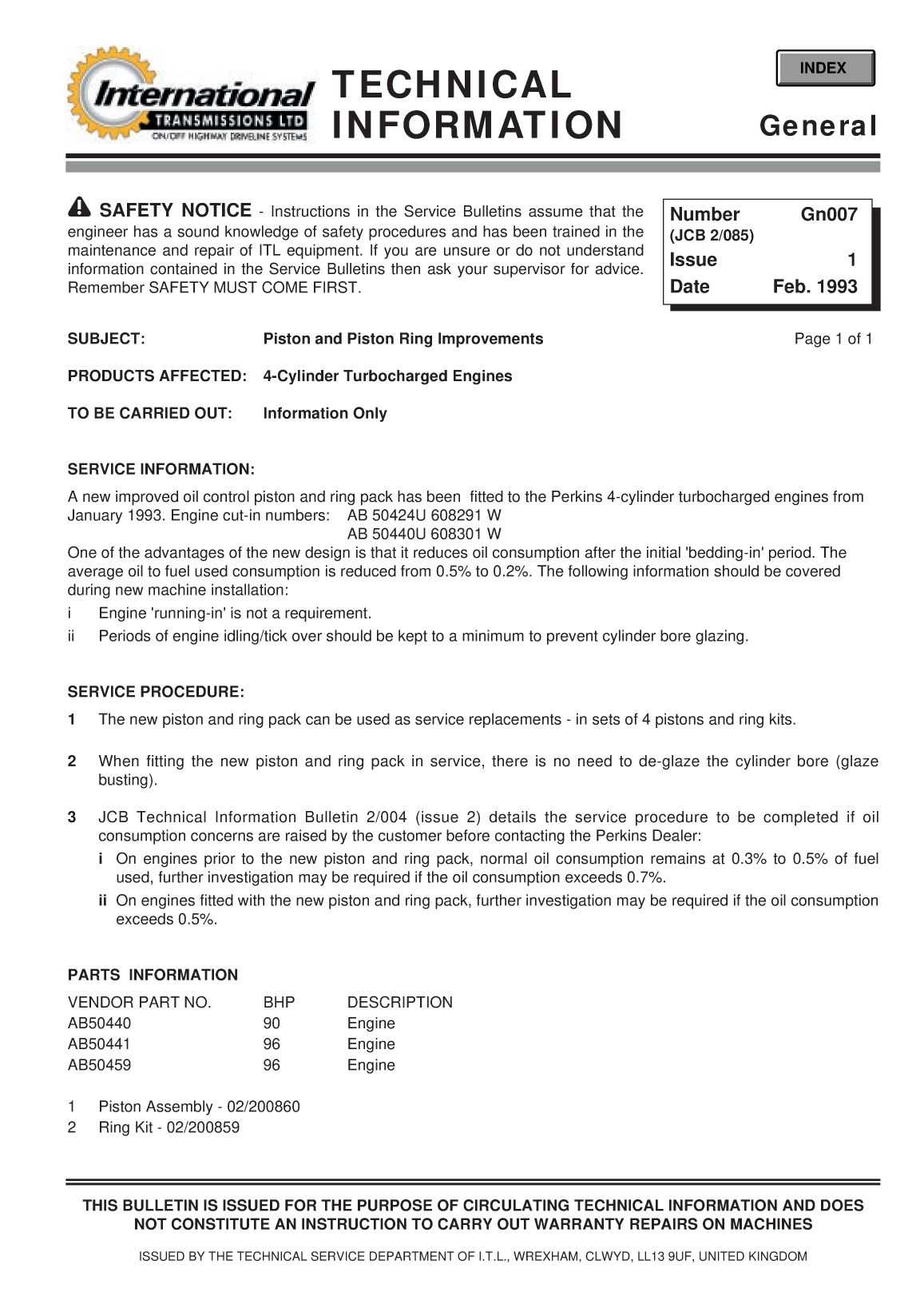 Perkins General Technical Information Bulletin