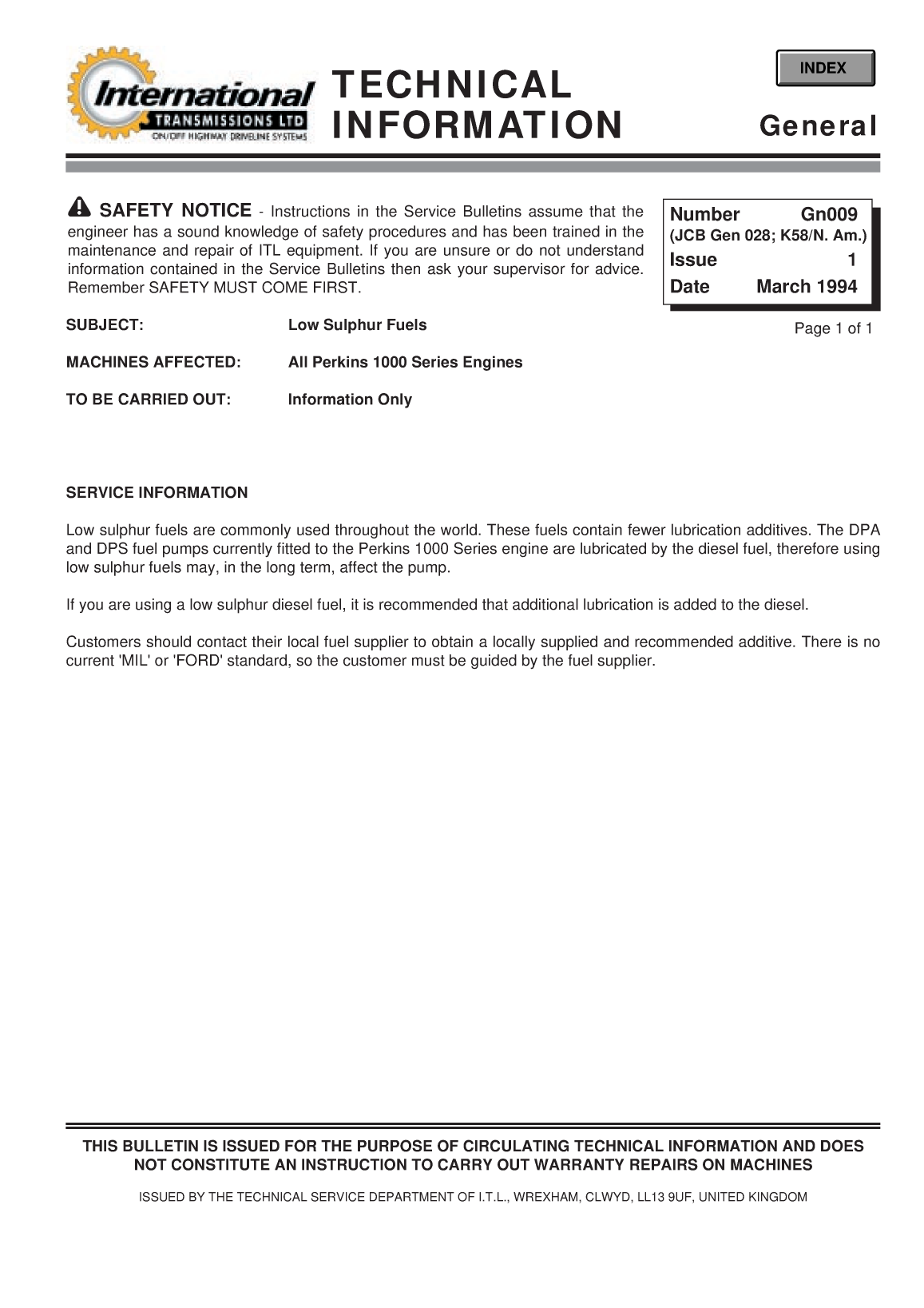 Perkins General Technical Information Bulletin