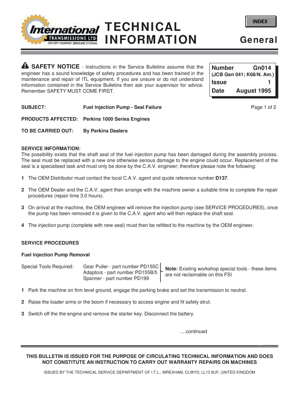 Perkins General Technical Information Bulletin