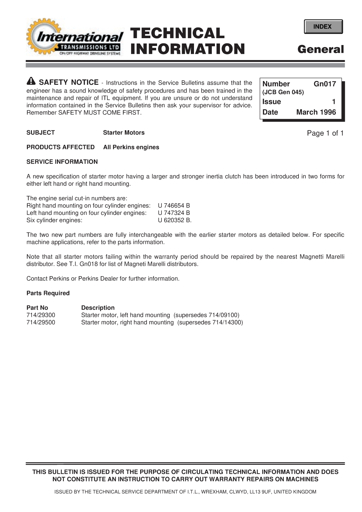 Perkins General Technical Information Bulletin