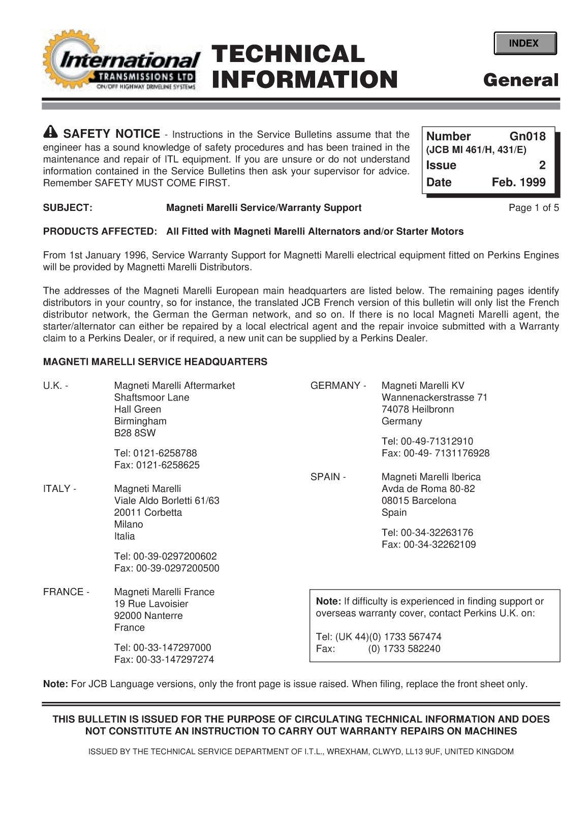 Perkins General Technical Information Bulletin