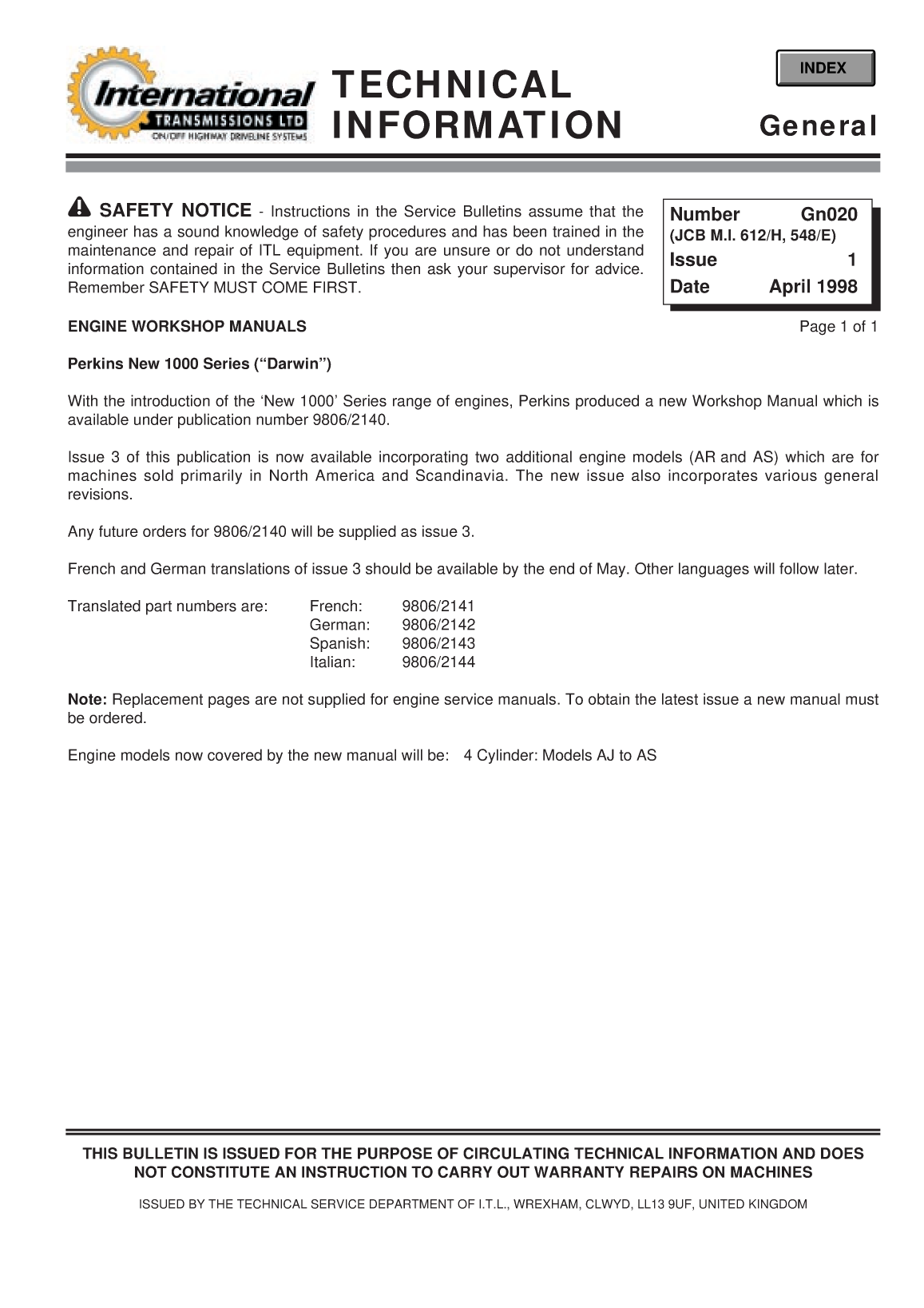 Perkins General Technical Information Bulletin