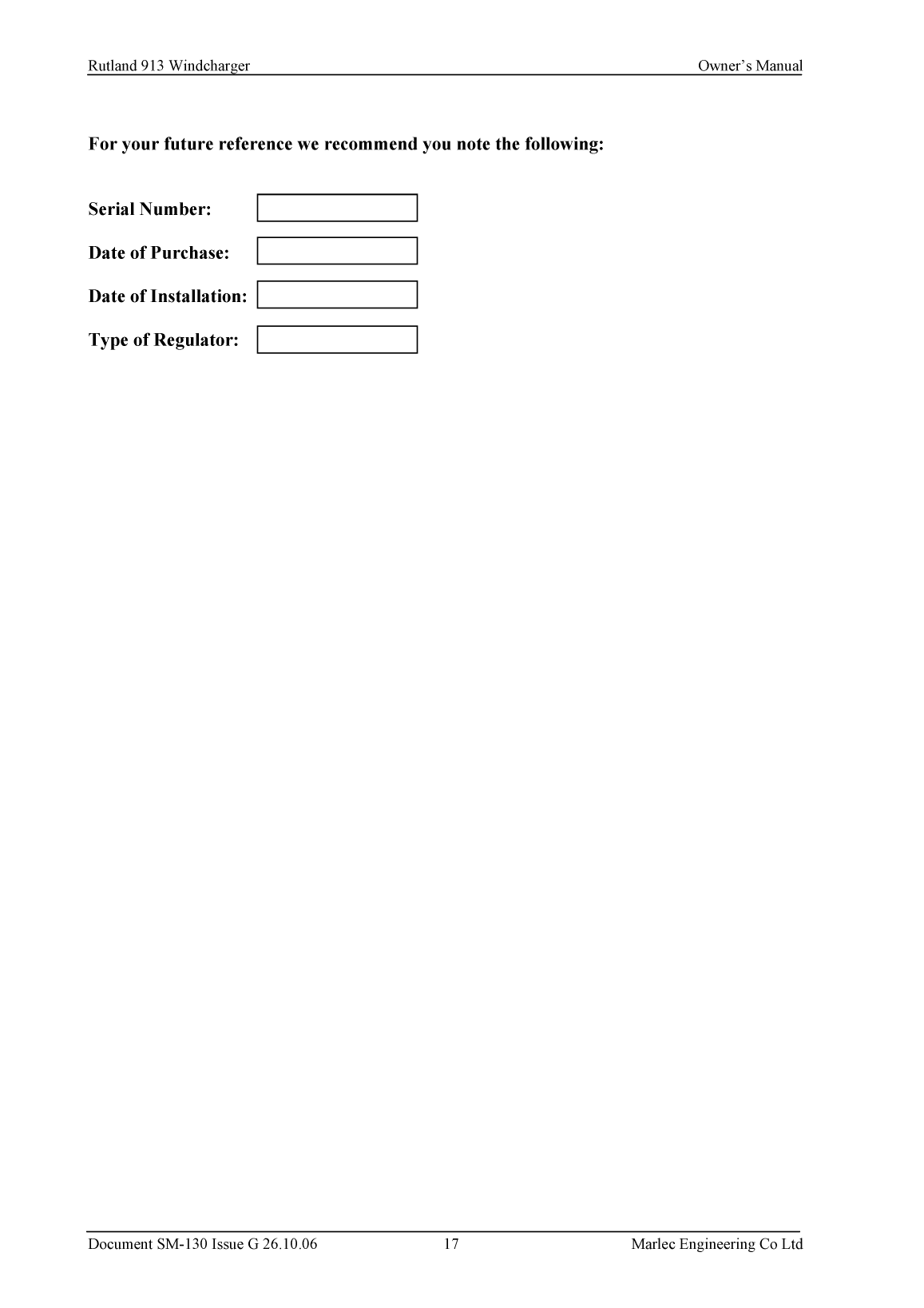 Rutland 913 Owners Manual Issue g