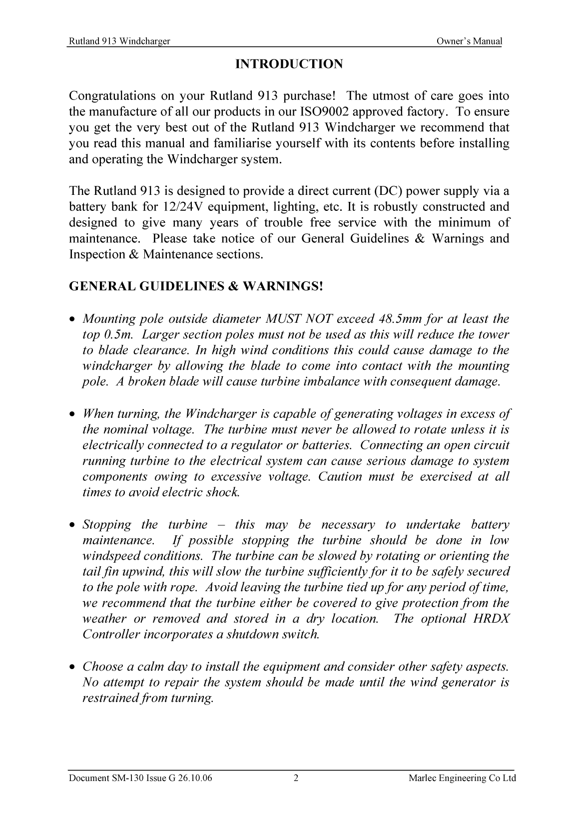 Rutland 913 Owners Manual Issue G