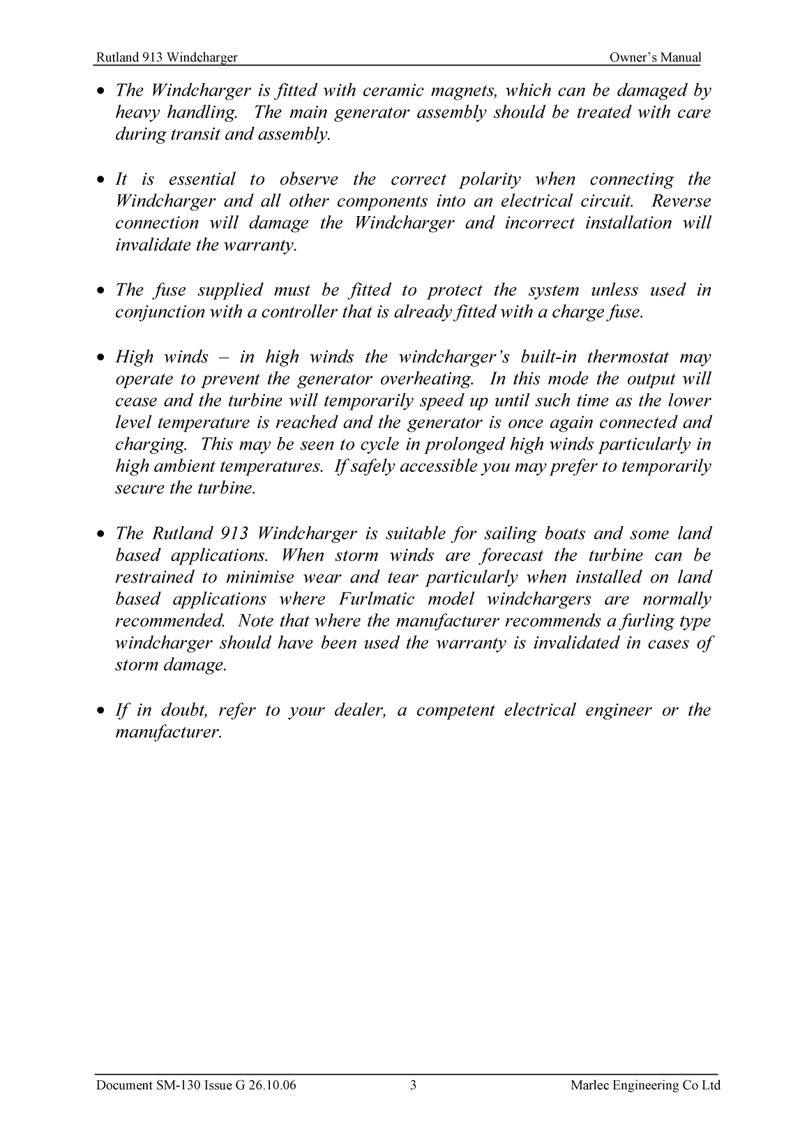 ' Rutland 913 Owners Manual Issue G'