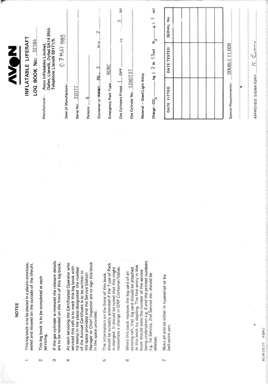 Avon Liferaft repack log book