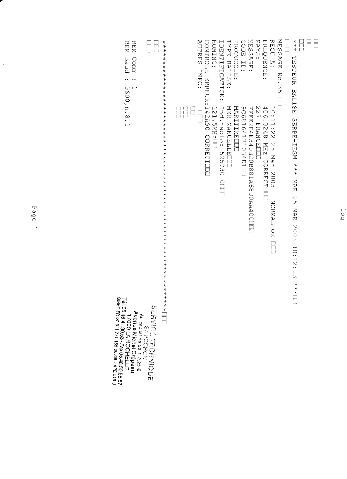 Serpe iesm: Rapport visite Cospas Sarsat Epirb Kannad 406, Maintenance Report
