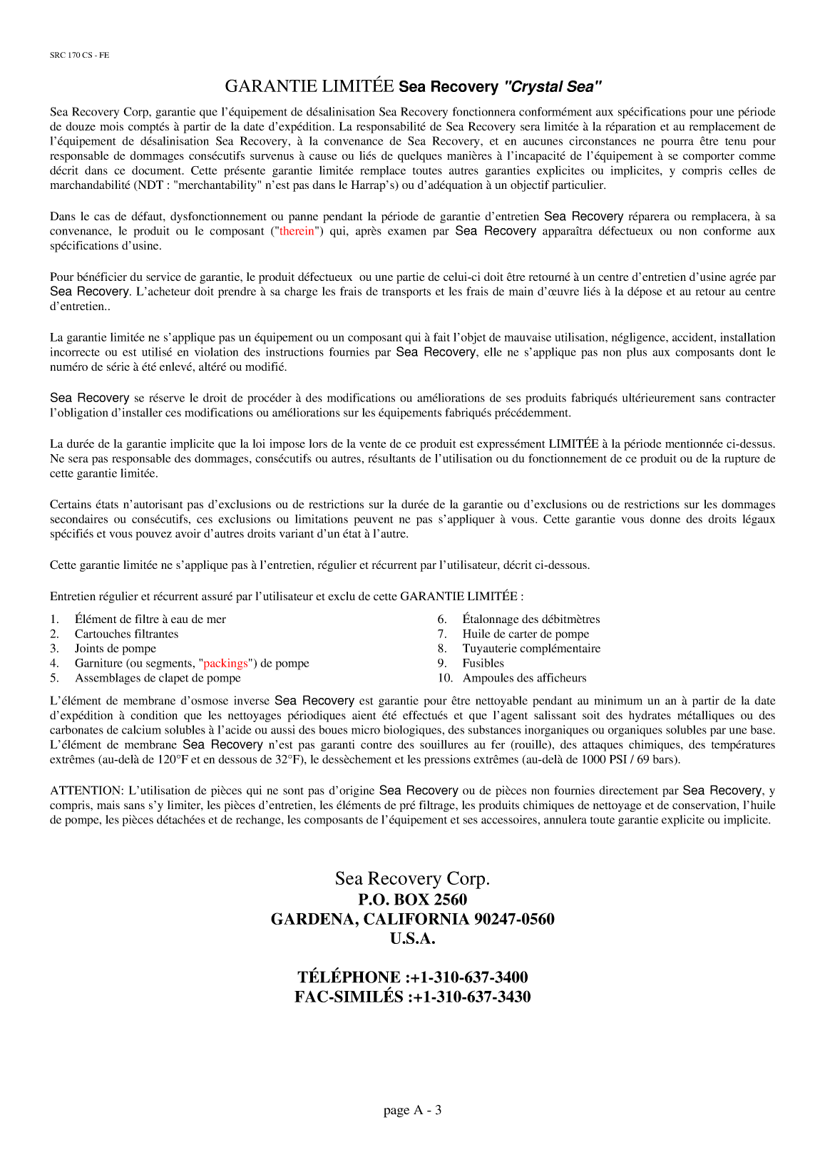 Src: Src 170 french Sea Recovery Src 170 Home Made Translation, Traduction En Français Du Manuel