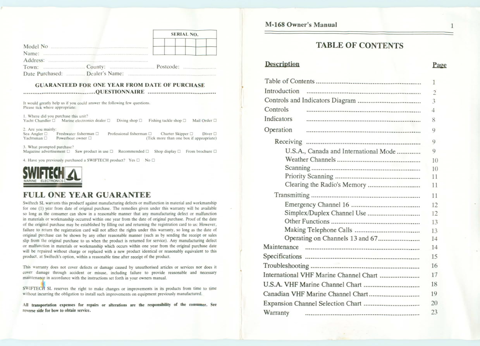 Swiftech M 168 Vhf Owners Manual