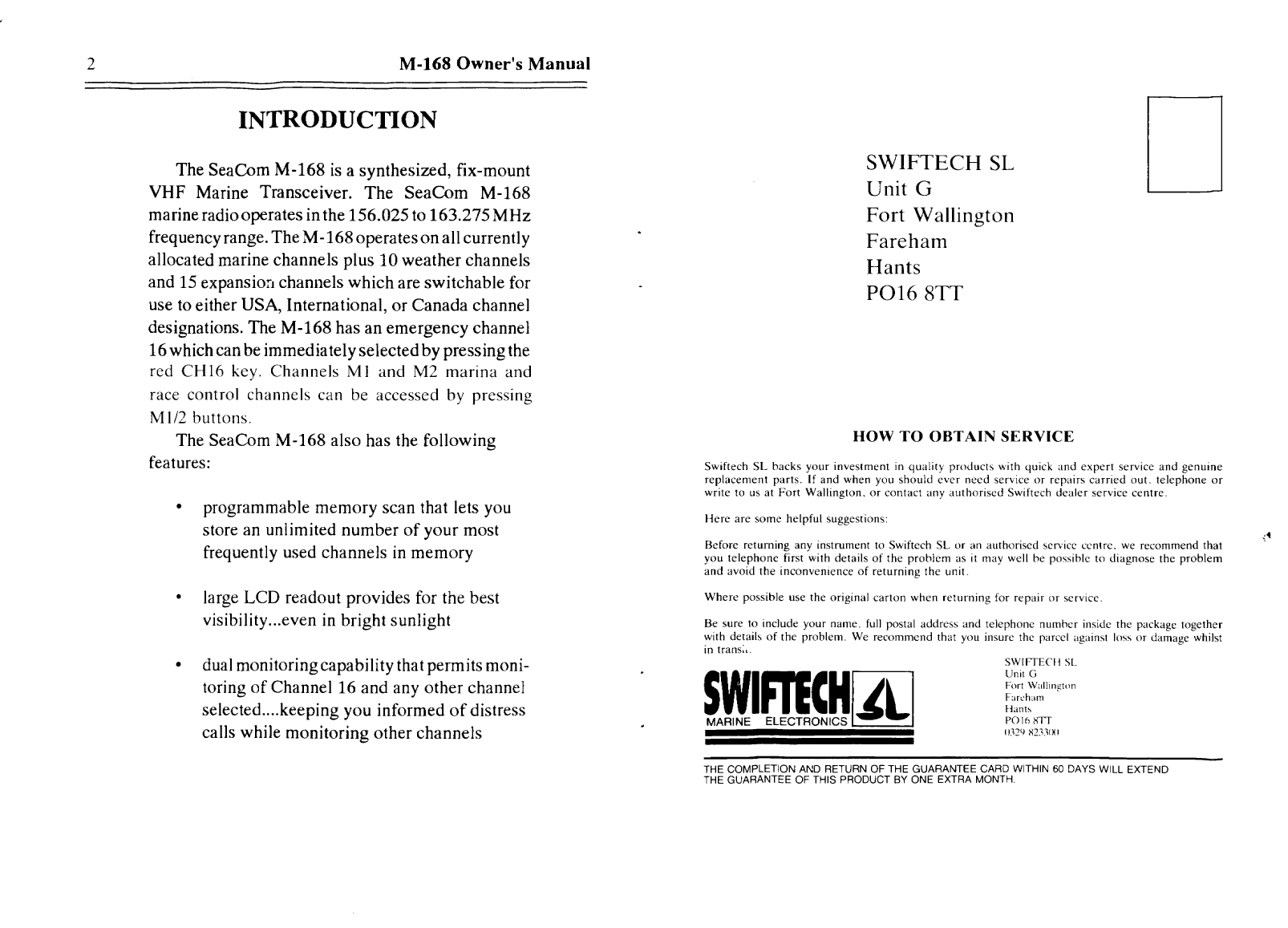 Swiftech M 168 Vhf Owners Manual