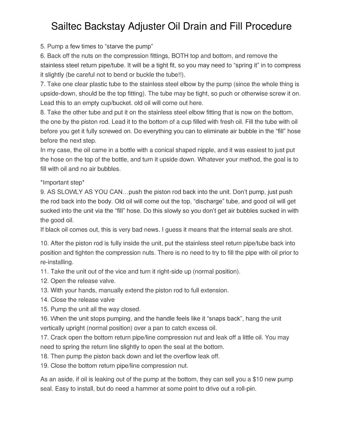 Sailtec Backstay Adjuster Oil Drain And Fill Procedure