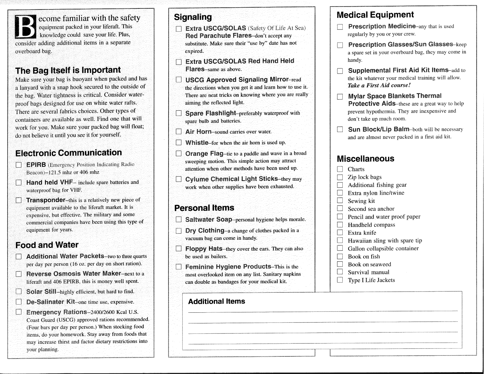 Triad Marine On The Water Survival Checklist