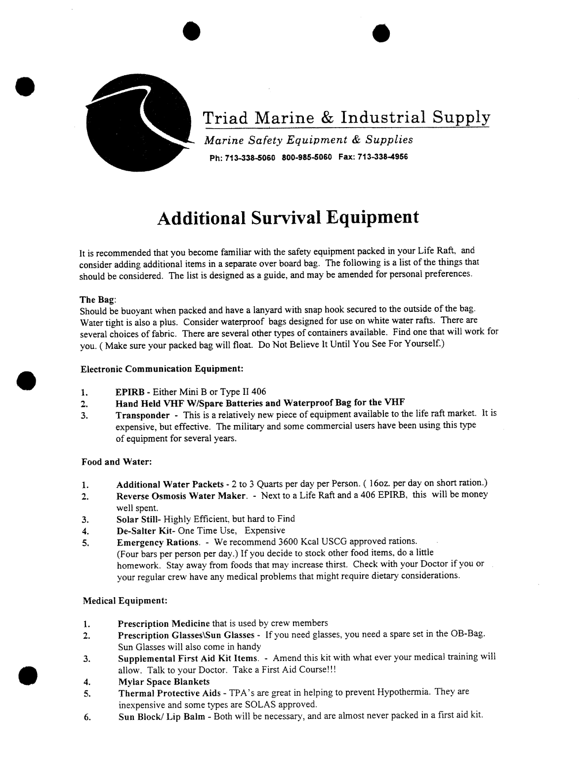 Triad Marine Survival Equipment List