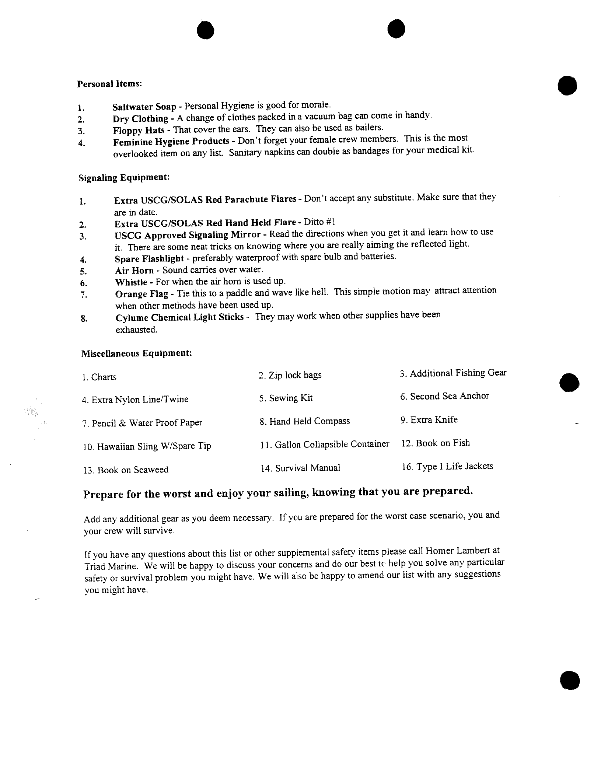 Triad Marine Survival Equipment List